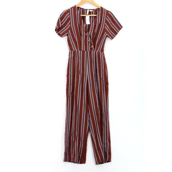 SKY AND SPARROW Jumpsuit Womens Red Striped Button Front Rust Short Sleeve XS NW - Picture 1 of 11